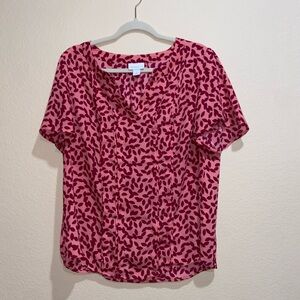 Pink blouse Liz Claiborne red leafs short sleeve shirt vintage conservative top